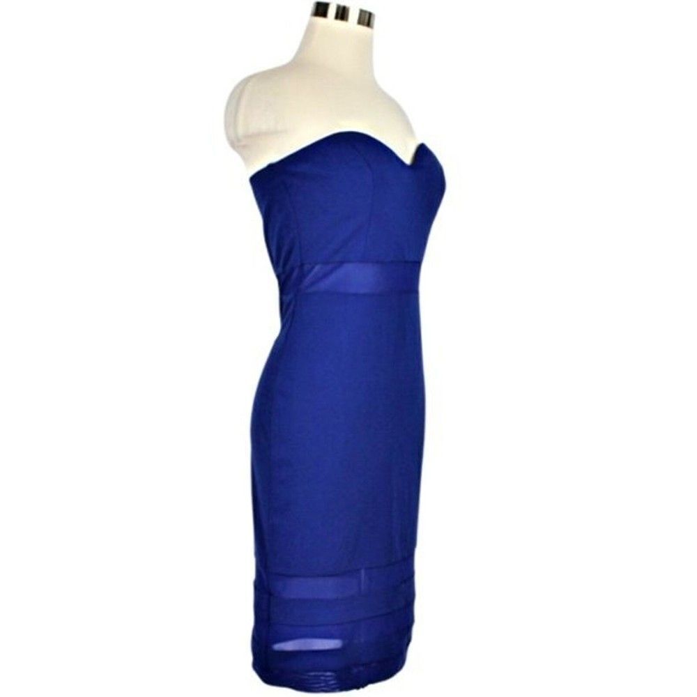 Sleek Bodycon Cocktail Dress Mesh Illusion Waist & Hem Strapless Royal Blue Med - Picture 2 of 7